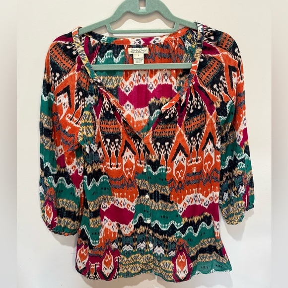 Lucky Brand Bohemian Top Button Down S Peasant Blouse Multicolor Boho Southwest - Picture 1 of 6